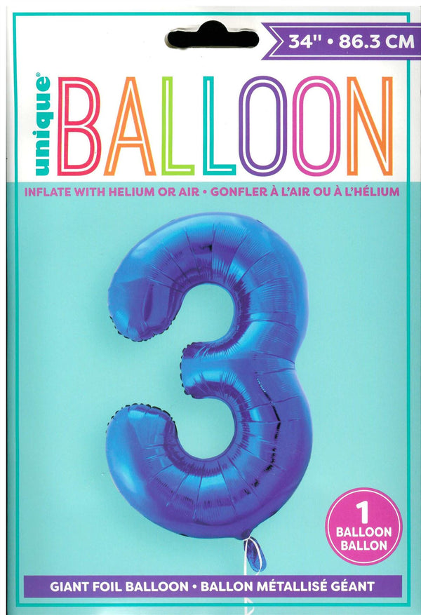 Blue Number 3 Balloon - Perfect for 3rd Birthday Celebrations
